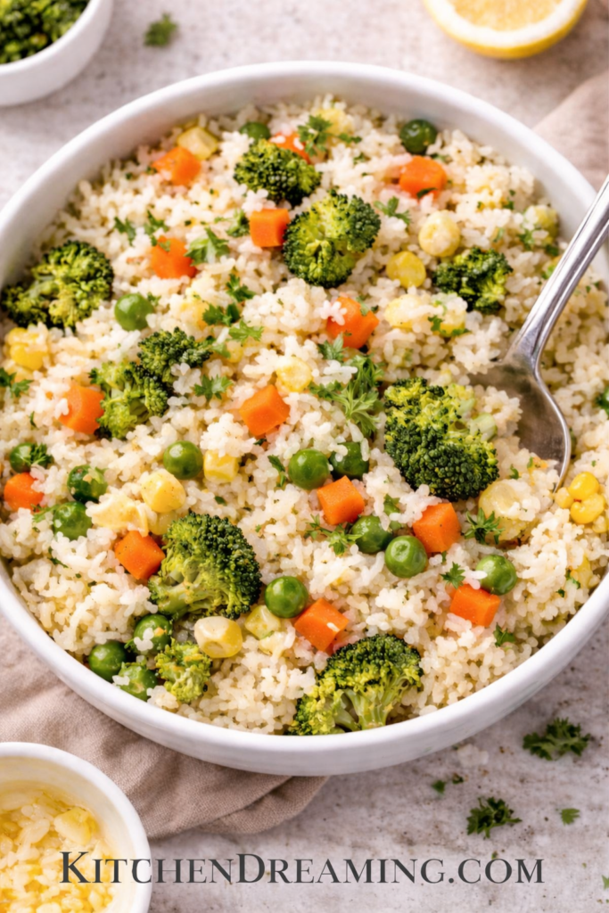 Easy Vegetable Rice Recipe One Pot Flavorful Side Dish 6 Vegetable rice recipe in an overhead texture shot with fluffy rice and colorful vegetables.