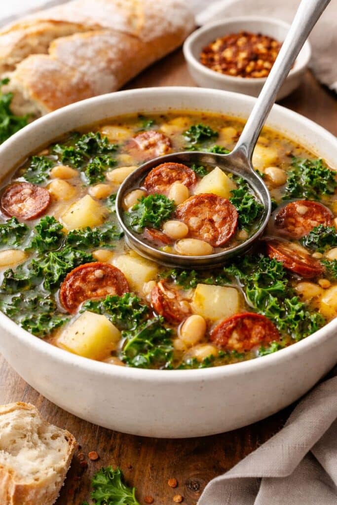 Caldo verde recipe in a bowl with kale, sausage, potatoes, and white beans, close-up one-pot Portuguese kale soup.