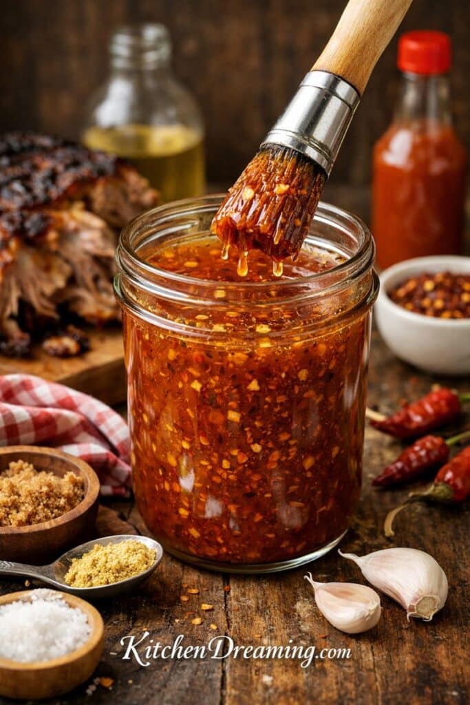Carolina mopping sauce in a jar with basting brush, tangy vinegar BBQ mop sauce recipe for pulled pork and smoked pork.