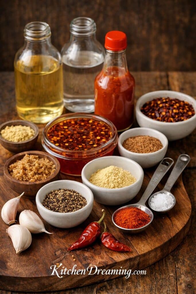 Ingredients for Carolina mopping sauce recipe, vinegar BBQ mop sauce with spices for pork, ribs, and chicken.