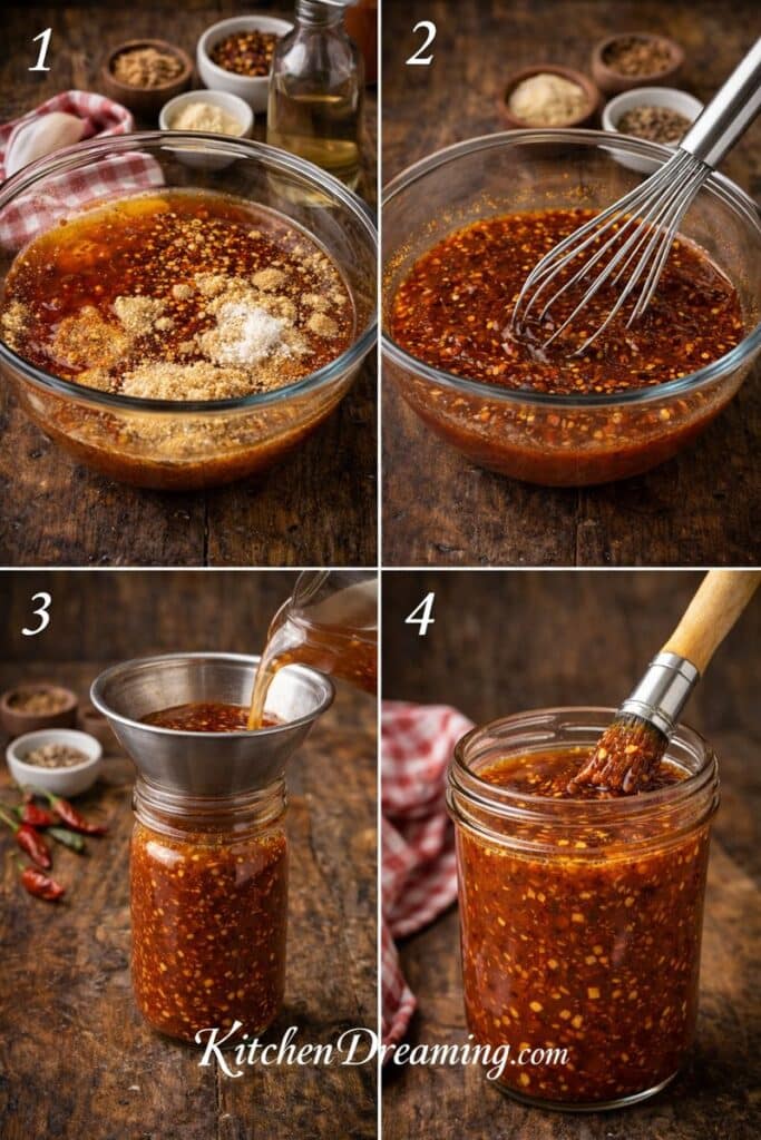 Step-by-step how to make Carolina mopping sauce, vinegar BBQ mop sauce mixed and poured into jar for basting pork.