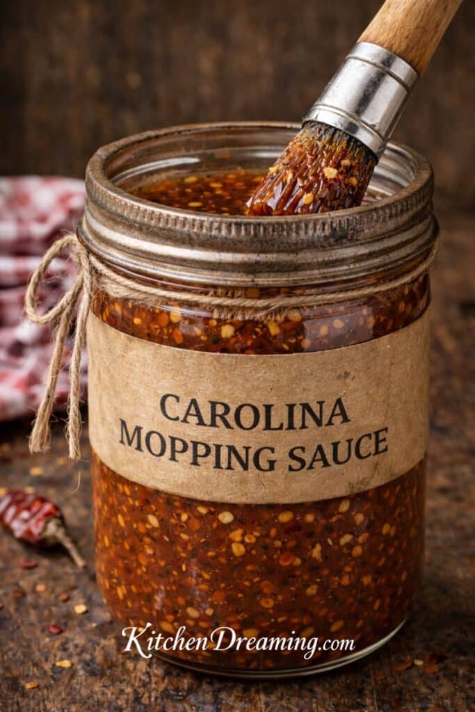 Close-up of Carolina mopping sauce texture, thin vinegar BBQ mop sauce with spices for basting pulled pork and ribs.