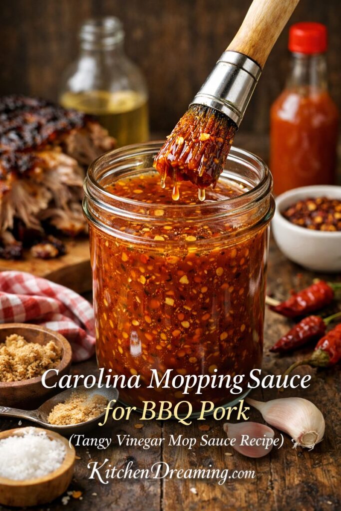 Close-up of Carolina mopping sauce texture, thin vinegar BBQ mop sauce with spices for basting pulled pork and ribs.