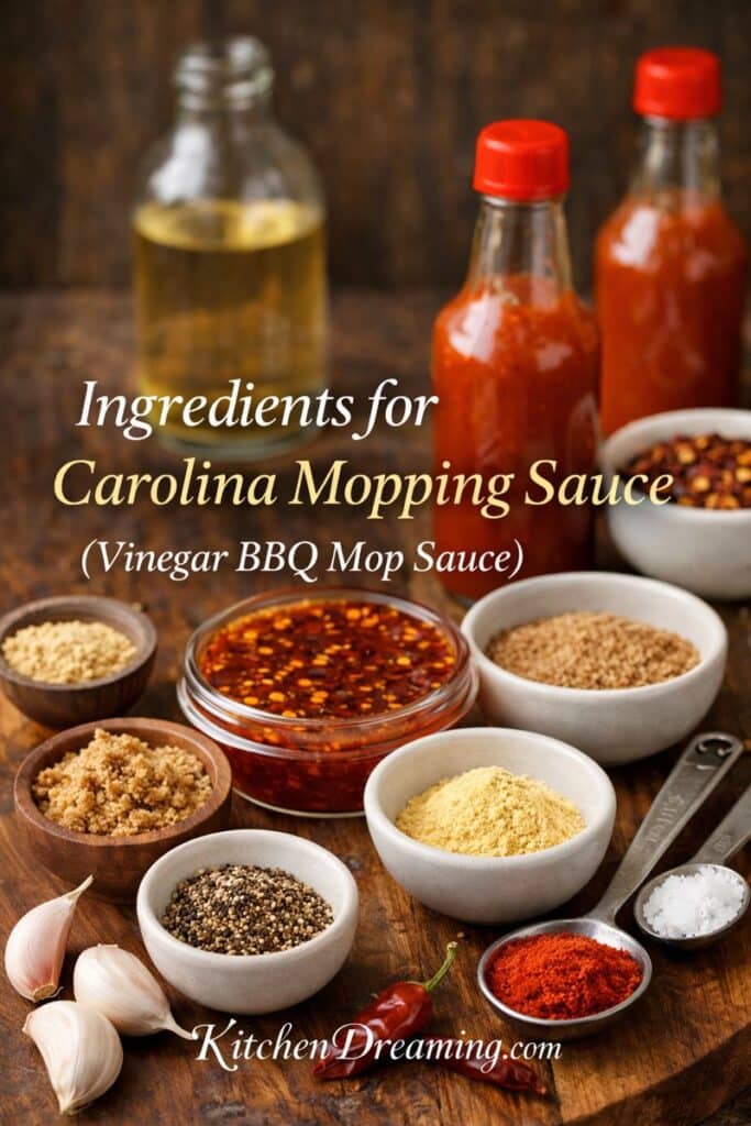 Ingredients for Carolina mopping sauce recipe, vinegar BBQ mop sauce with spices for pork, ribs, and chicken.