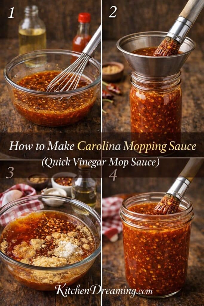 Step-by-step how to make Carolina mopping sauce, vinegar BBQ mop sauce mixed and poured into jar for basting pork.