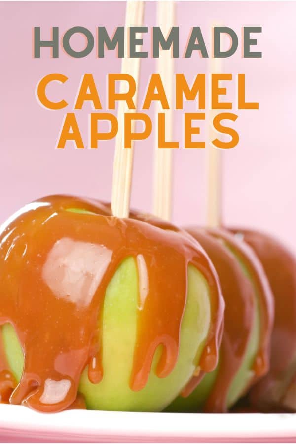 A pin image of green Granny Smith apples partially covered in caramel drizzle. 