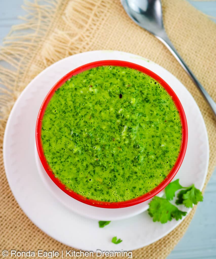 A red bowl filled with vibrant green chimichurri sauce.