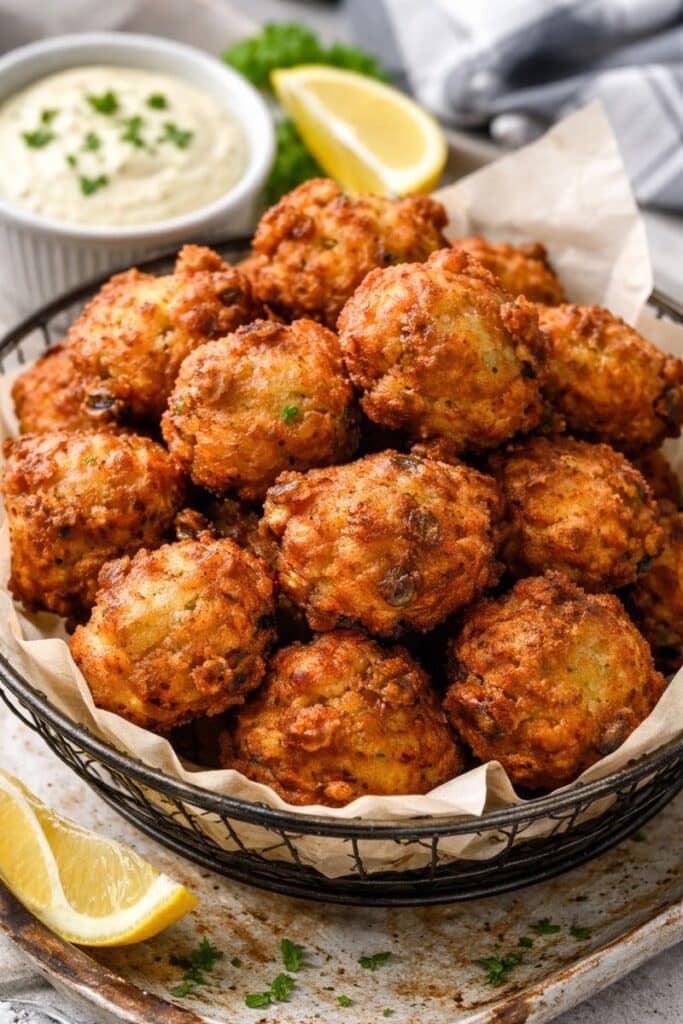 Basket of fluffy New England clam cakes with tartar sauce and a lemon wedge; golden, crispy, and clam-studded.