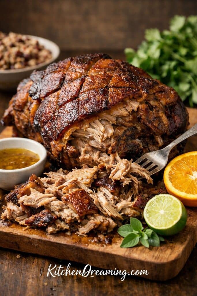 Close-up hero image of Puerto Rican pernil with crispy skin, shredded pork shoulder, and citrus on a wooden board.