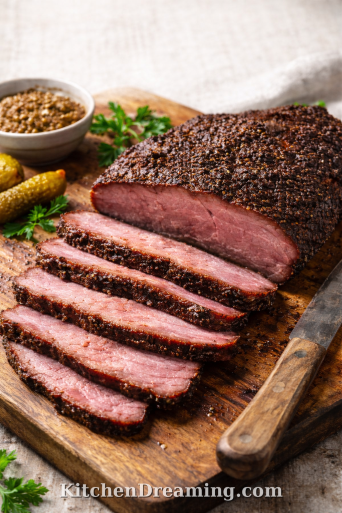 Smoked corned beef brisket sliced on a wooden board, showing a pepper crust and smoke ring.