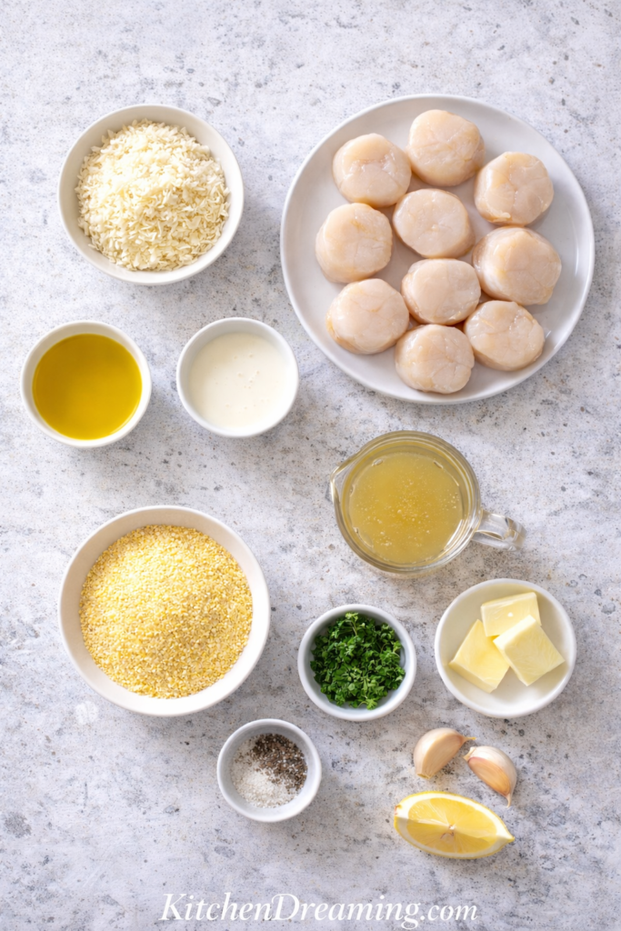 Pan Seared Scallops with Parmesan Polenta – Easy Elegant Dinner 2 Pan seared scallops ingredients flat lay with Parmesan, polenta, butter, garlic, lemon, and olive oil.