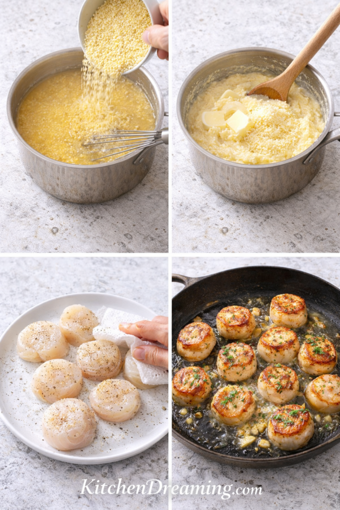 Pan Seared Scallops with Parmesan Polenta – Easy Elegant Dinner 3 Pan seared scallops step collage showing polenta cooking, scallops drying, seasoning, and searing.