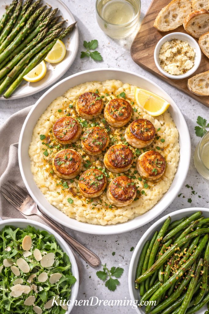 Pan Seared Scallops with Parmesan Polenta – Easy Elegant Dinner 4 Pan seared scallops on Parmesan polenta with side dishes, bread, salad, and asparagus, overhead.