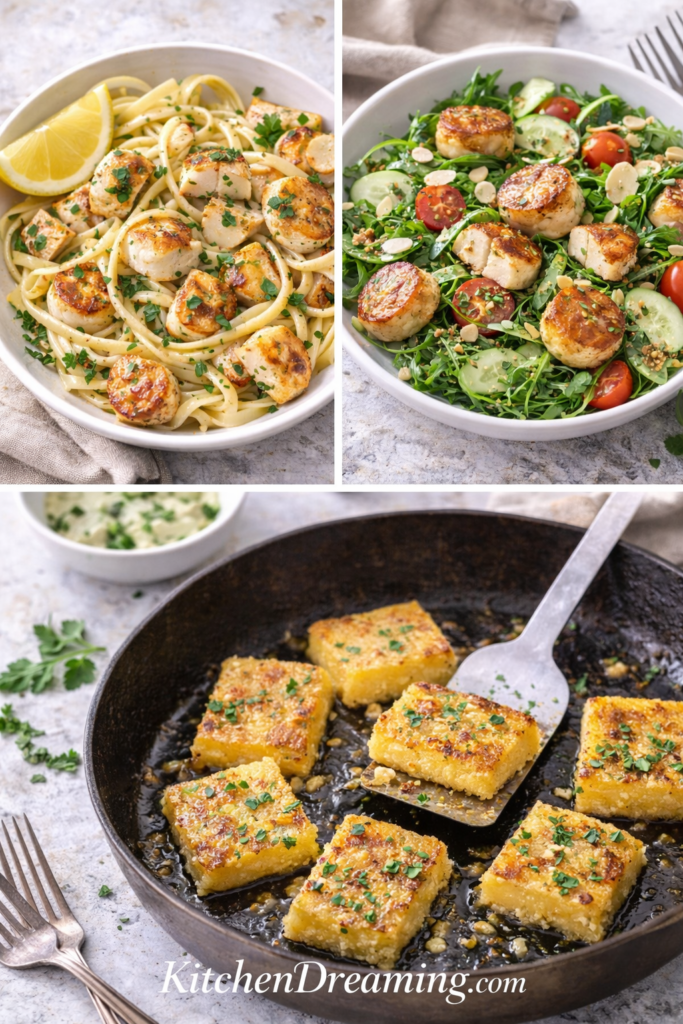 Pan Seared Scallops with Parmesan Polenta – Easy Elegant Dinner 5 Pan seared scallops leftovers repurposed into pasta, salad, and crispy polenta cakes, collage.