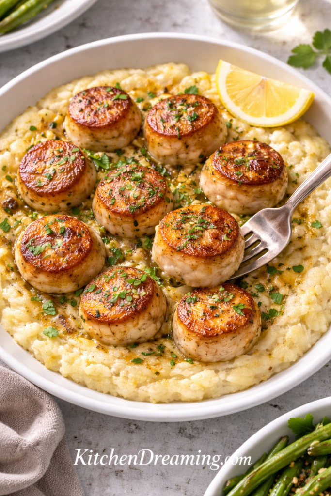 Pan Seared Scallops with Parmesan Polenta – Easy Elegant Dinner 6 Pan seared scallops on Parmesan polenta with fork lifting a scallop, garlic butter, and lemon.