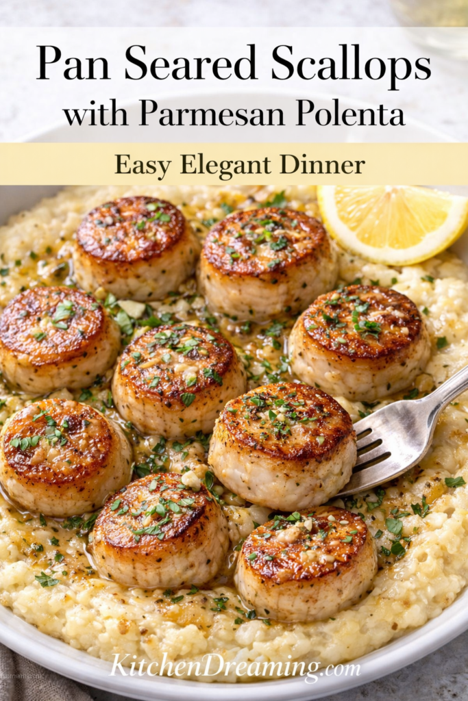 Pan Seared Scallops with Parmesan Polenta – Easy Elegant Dinner 8 Pan seared scallops over creamy Parmesan polenta with garlic butter and lemon, close-up plated dinner.