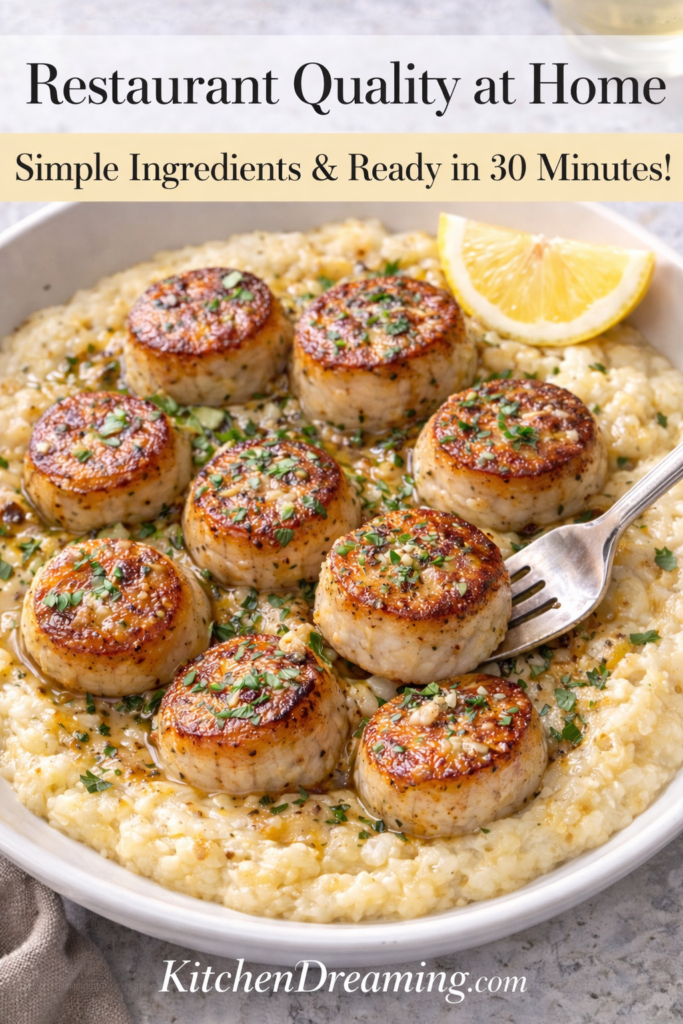 Pan Seared Scallops with Parmesan Polenta – Easy Elegant Dinner 9 Pan seared scallops with Parmesan polenta, garlic butter sauce, and lemon, quick 30-minute dinner.