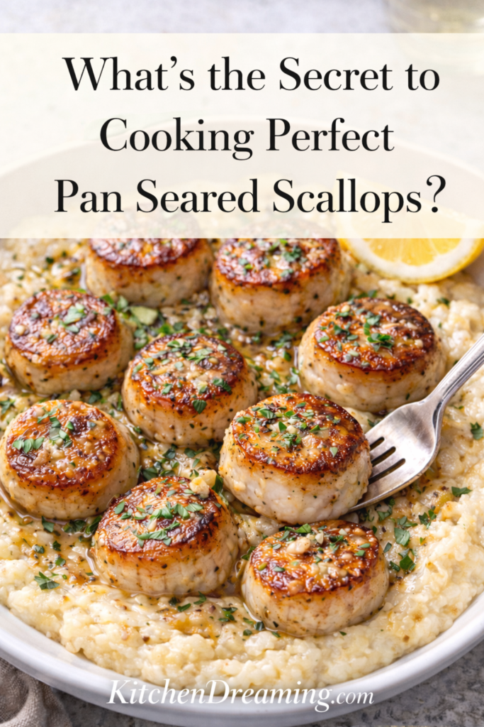 Pan Seared Scallops with Parmesan Polenta – Easy Elegant Dinner 10 Pan seared scallops with a golden crust on Parmesan polenta with garlic butter and lemon, close-up.