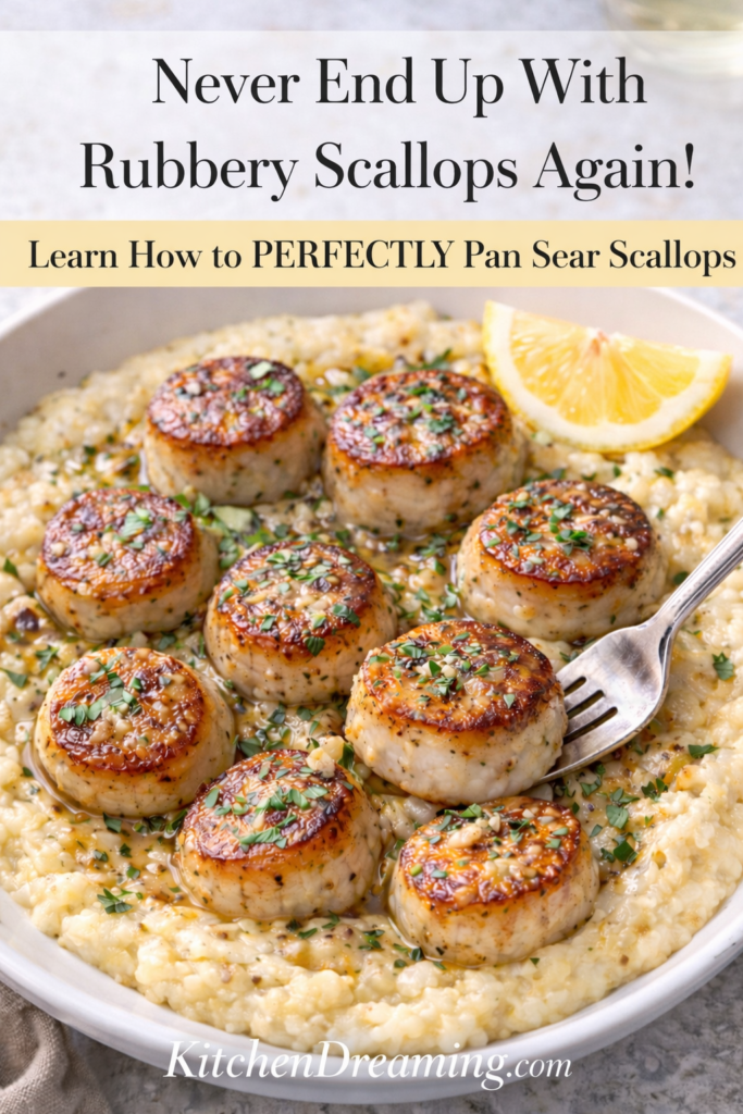 Pan Seared Scallops with Parmesan Polenta – Easy Elegant Dinner 11 Pan seared scallops on Parmesan polenta with garlic butter and lemon, cooked to avoid rubbery texture.