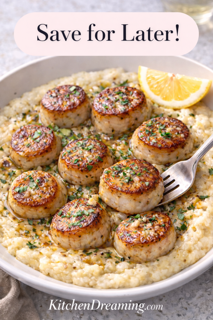 Pan Seared Scallops with Parmesan Polenta – Easy Elegant Dinner 12 Pan seared scallops with garlic butter on creamy Parmesan polenta, close-up plated dinner.