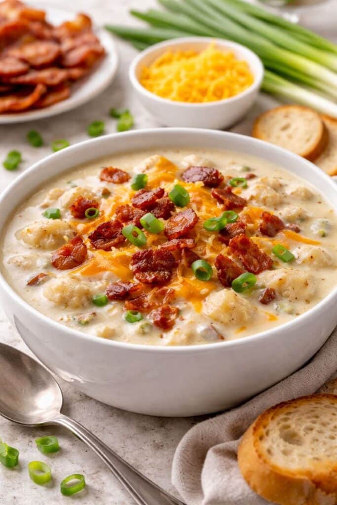 Creamy loaded baked potato soup in a white bowl topped with melted cheddar, crispy bacon, and green onions.