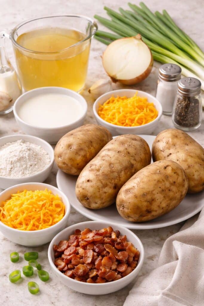 Ingredients for creamy loaded baked potato soup including russet potatoes, bacon, shredded cheddar, onion, garlic, broth, and seasonings.