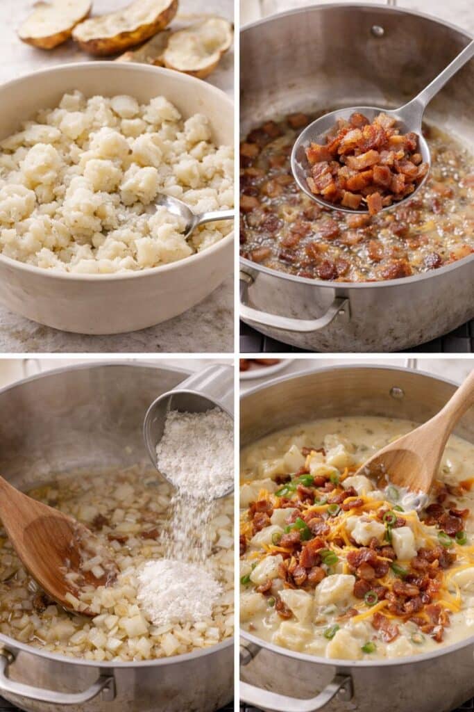 Step-by-step collage showing creamy loaded baked potato soup progress: scooped baked potatoes, cooked bacon, sautéed aromatics with flour, and finished soup.