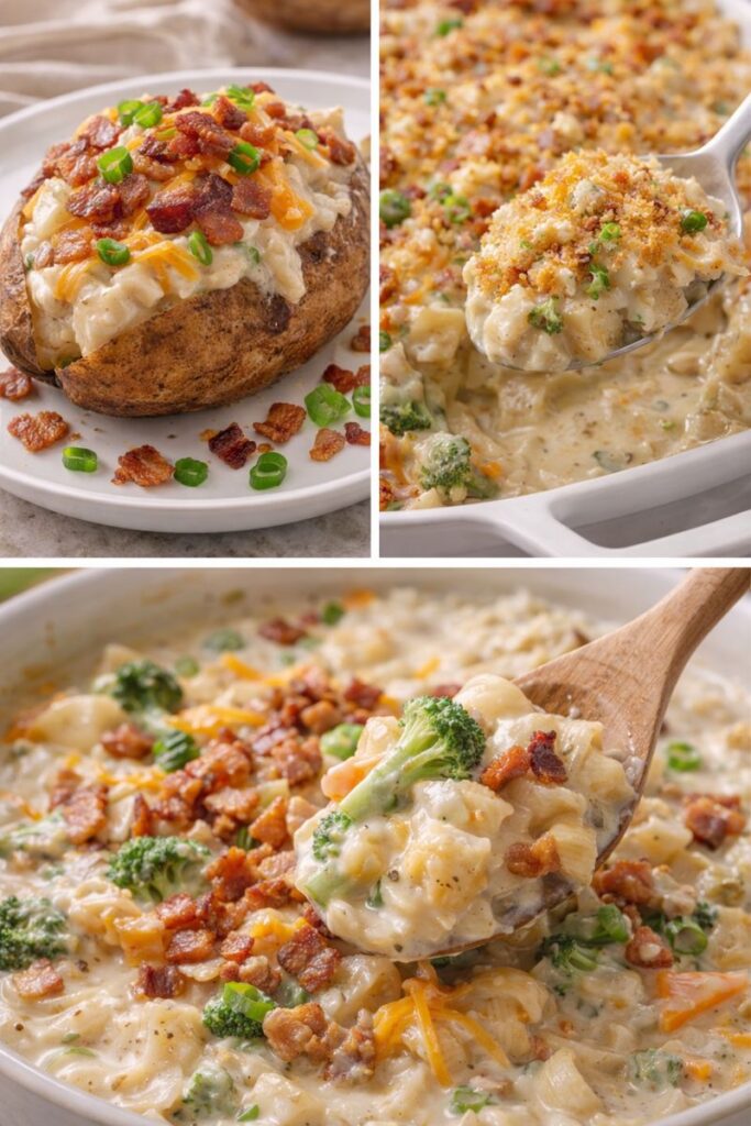 Collage of leftover creamy loaded baked potato soup repurposed as a loaded baked potato topping, cheesy casserole, and creamy pasta sauce.