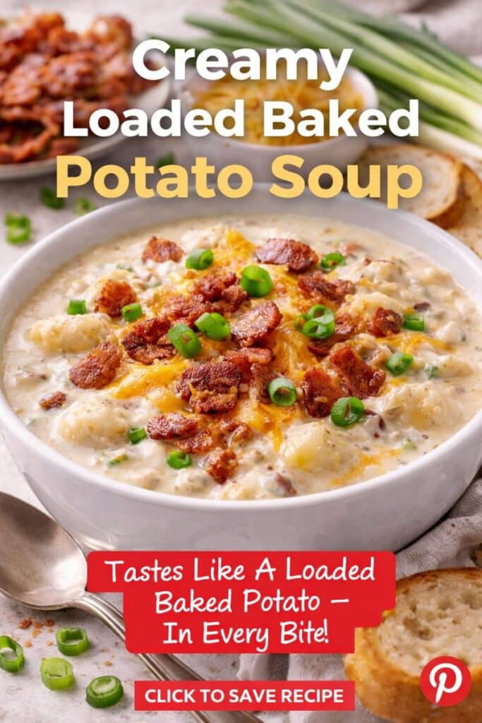 Creamy loaded baked potato soup in a white bowl topped with melted cheddar, crispy bacon, and green onions.