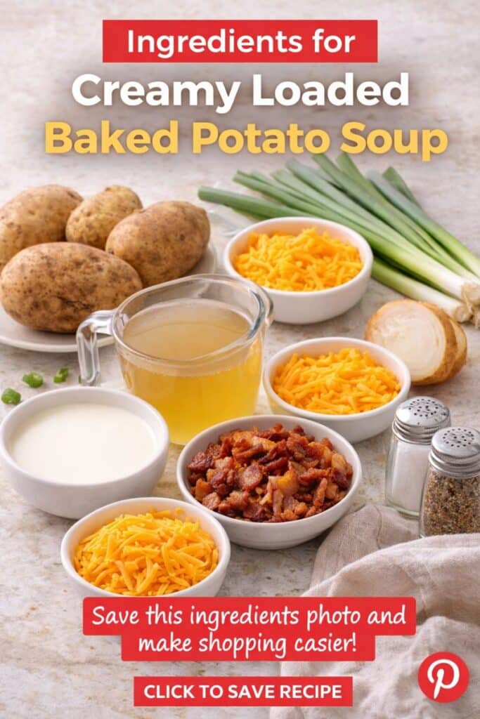 Ingredients for creamy loaded baked potato soup including russet potatoes, bacon, shredded cheddar, onion, garlic, broth, and seasonings.
