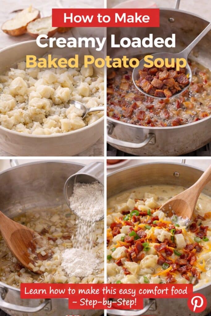 Step-by-step collage showing creamy loaded baked potato soup progress: scooped baked potatoes, cooked bacon, sautéed aromatics with flour, and finished soup.