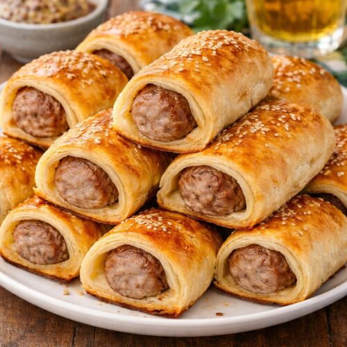 Sausage rolls with puff pastry made with whole sausage links on a platter, baked until golden and flaky.