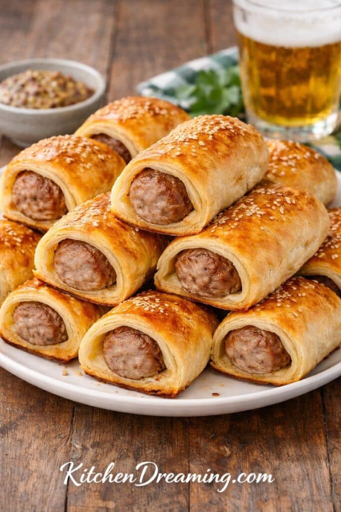 Sausage rolls with puff pastry made with whole sausage links on a platter, baked until golden and flaky.