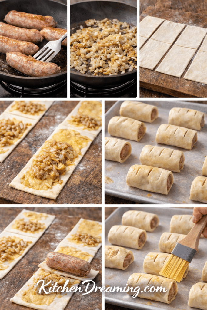 Step-by-step collage showing how to make sausage rolls with puff pastry using whole sausage links, onions, mustard, and egg wash.