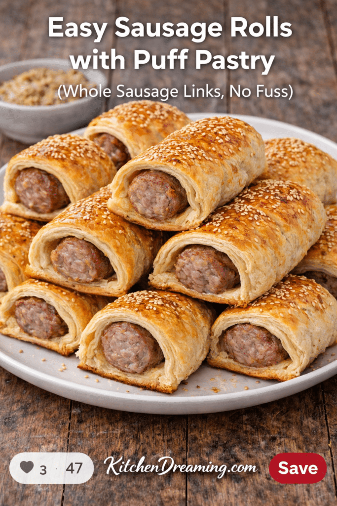 Sausage rolls with puff pastry made with whole sausage links on a platter, baked until golden and flaky.