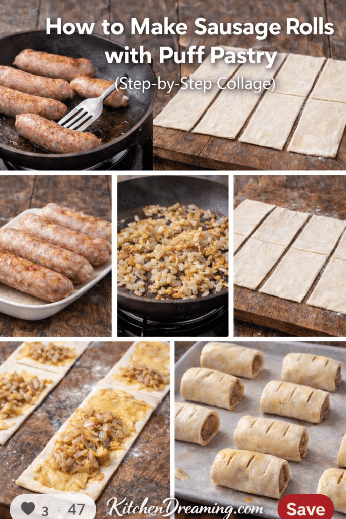 Step-by-step collage showing how to make sausage rolls with puff pastry using whole sausage links, onions, mustard, and egg wash.