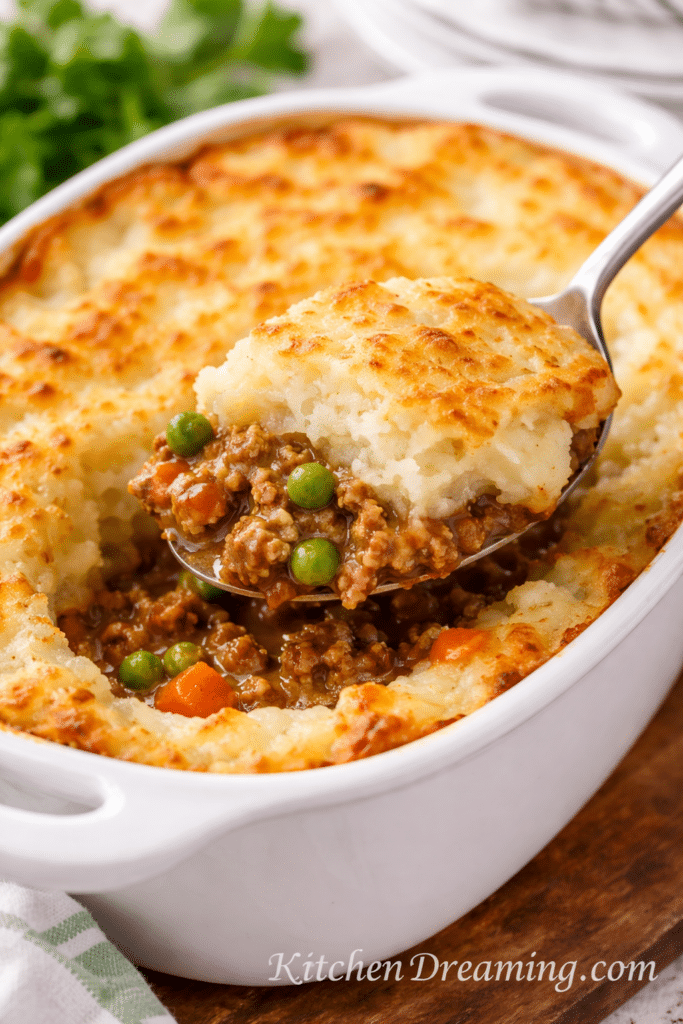 Shepherd’s Pie recipe in a baking dish with a spoonful showing savory meat and vegetables under creamy mashed potatoes