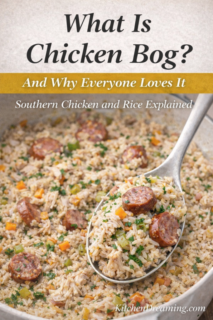 Chicken Bog Recipe (Lowcountry Chicken Pilau) One-Pot Southern Chicken and Rice 9 What is chicken bog explained with an image of chicken bog recipe made with rice, chicken, smoked sausage, and vegetables.