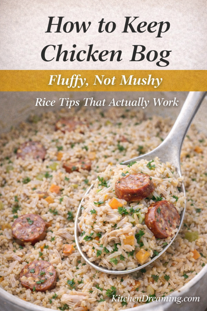 Chicken Bog Recipe (Lowcountry Chicken Pilau) One-Pot Southern Chicken and Rice 11 Chicken bog rice tips showing fluffy chicken bog recipe with long grain rice, sausage, chicken, and parsley.