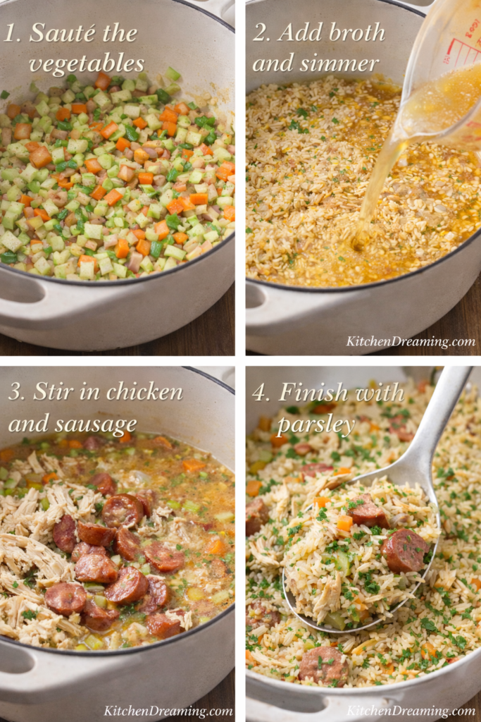 Chicken Bog Recipe (Lowcountry Chicken Pilau) One-Pot Southern Chicken and Rice 2 Four step collage showing how to make chicken bog recipe with vegetables, rice and broth, chicken and sausage, and parsley finish.