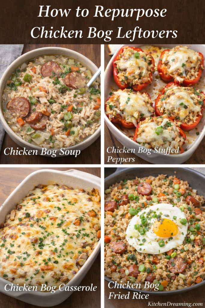 Chicken Bog Recipe (Lowcountry Chicken Pilau) One-Pot Southern Chicken and Rice 4 Collage showing four ways to repurpose chicken bog leftovers into soup, stuffed peppers, casserole, and fried rice.