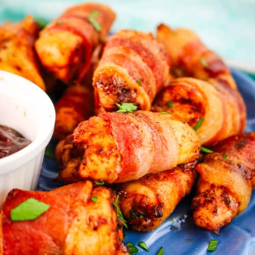 Savory BBQ Bacon Wrapped Chicken Bites. These irresistible appetizers are bursting with smoky flavor! They're perfect as a make-ahead appetizer or dinner.