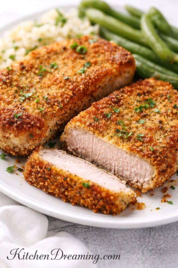 Breaded air fryer pork chops with a golden panko crust, sliced to show a juicy center on a plate with rice and green beans.