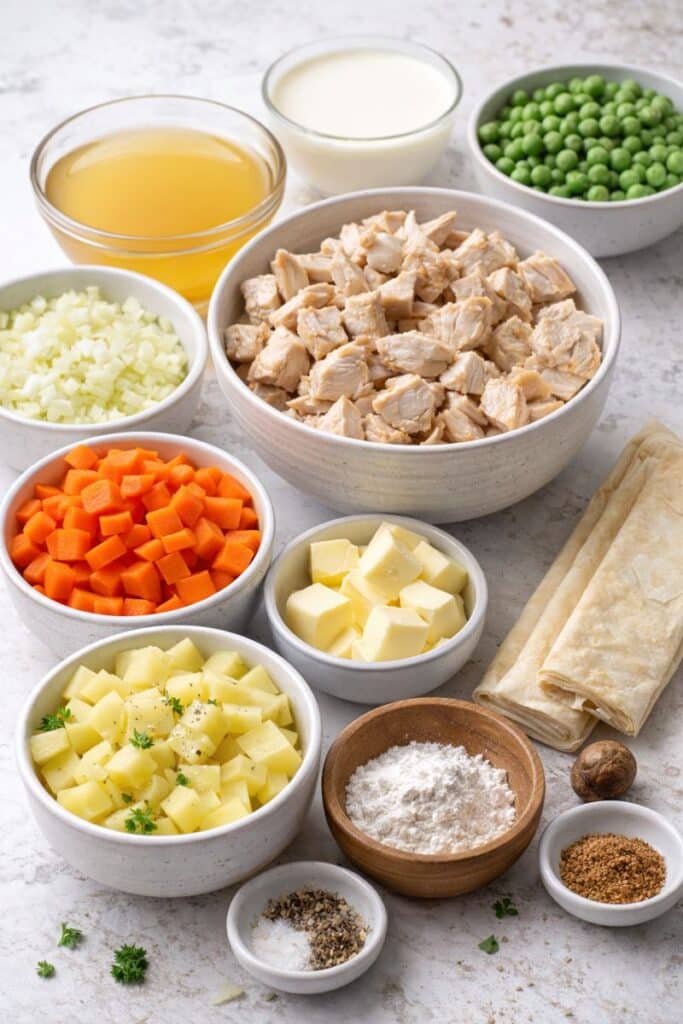 Ingredients for chicken pot pie soup including chicken, vegetables, broth, cream, and puff pastry.