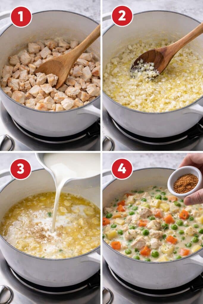 Step by step process of making creamy chicken pot pie soup in a pot.