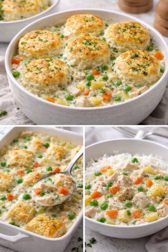 Leftover chicken pot pie soup turned into pot pie, casserole, and rice bowl meals.