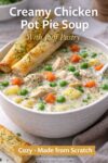 Creamy chicken pot pie soup with chicken, vegetables, and puff pastry topping in a bowl.