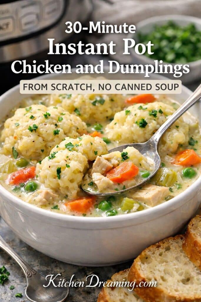 Instant Pot chicken and dumplings from scratch in a creamy broth with fluffy homemade dumplings, close-up hero bowl.