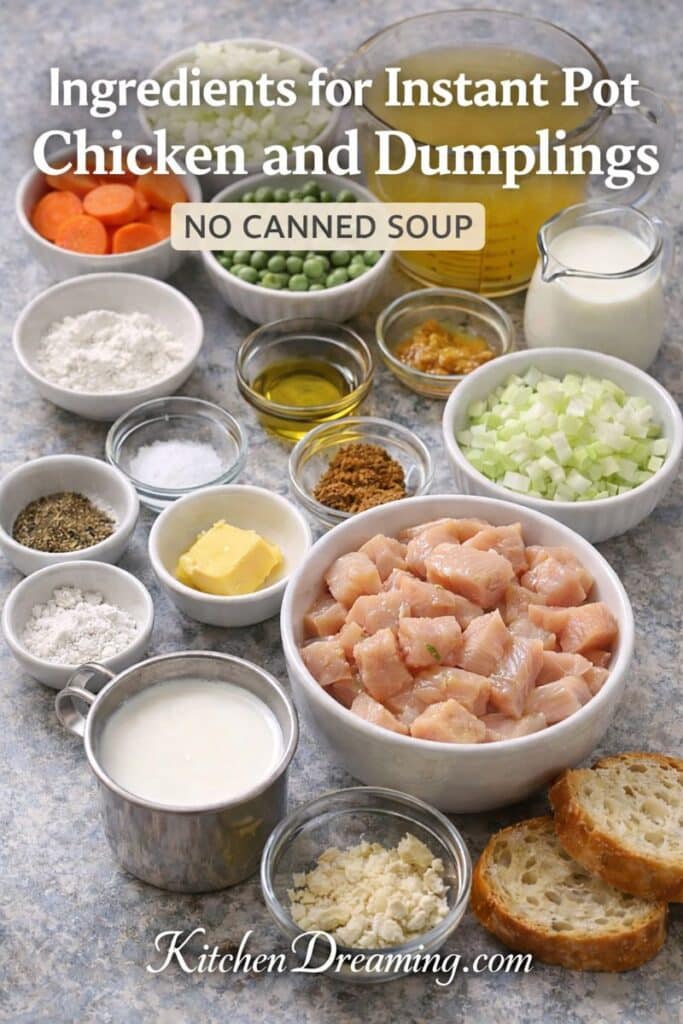 Ingredients for Instant Pot chicken and dumplings from scratch, including chicken, vegetables, stock, flour, and dumpling ingredients.