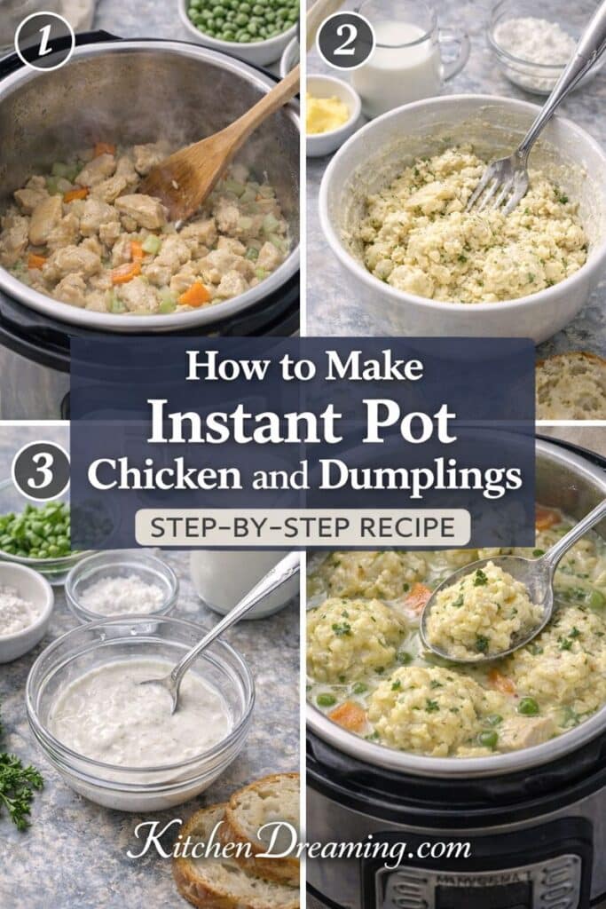 Step-by-step collage showing how to make Instant Pot chicken and dumplings, including sautéing, slurry thickening, dumpling dough, and finished pot.